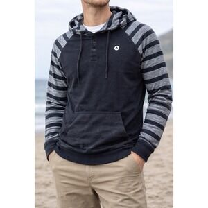 Airwalk Hoodie Men's Medium Black Gray Striped Henley Hooded Pullover